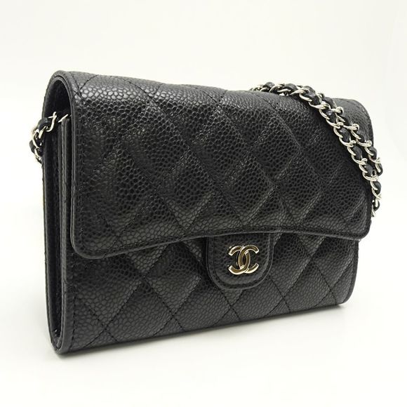 Chanel Mini Chain Wallet Matelasse Caviar Skin Black Wallet - Picture 2 of 6